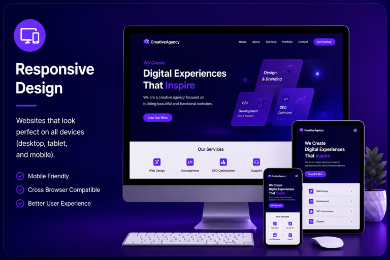 Responsive layout design preview for desktop tablet and mobile